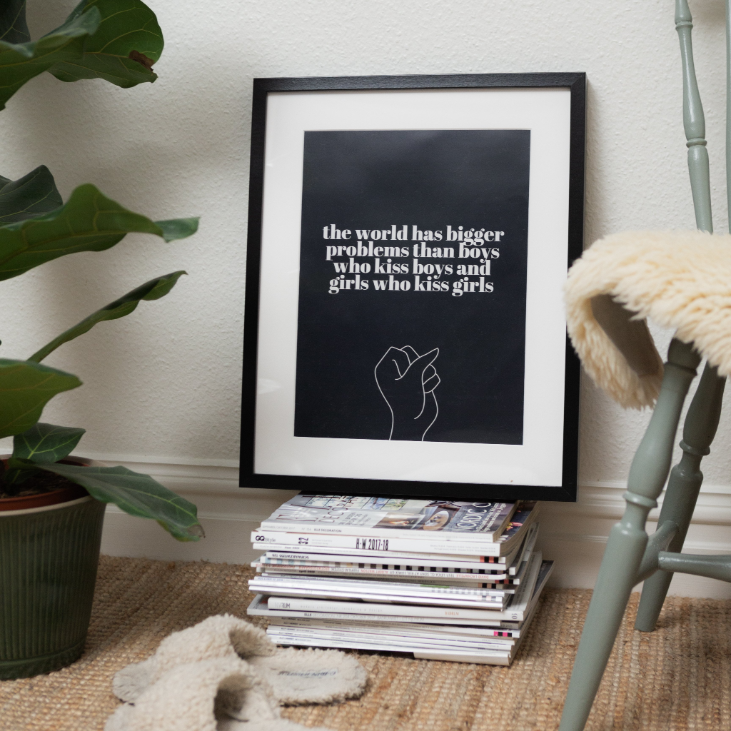 Poster The world, svart med vit text, står lutad mot en vägg på en trave tidskrifter. Till höger skymtar en grön stol, framför ligger ett par tofflor och till vänster står en grön växt