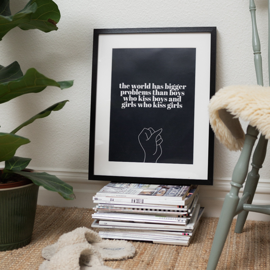 Poster The world, svart med vit text, står lutad mot en vägg på en trave tidskrifter. Till höger skymtar en grön stol, framför ligger ett par tofflor och till vänster står en grön växt